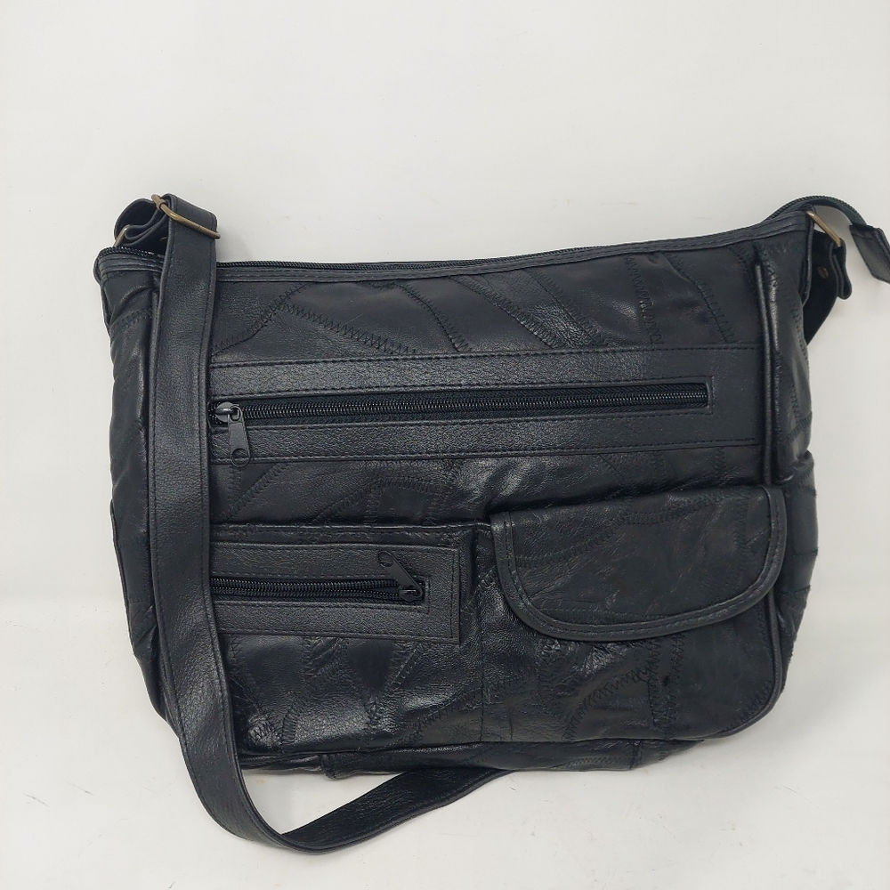 Embassy Black Leather Patchwork Crossbody Bag Organizer Grunge Bohemian Purse